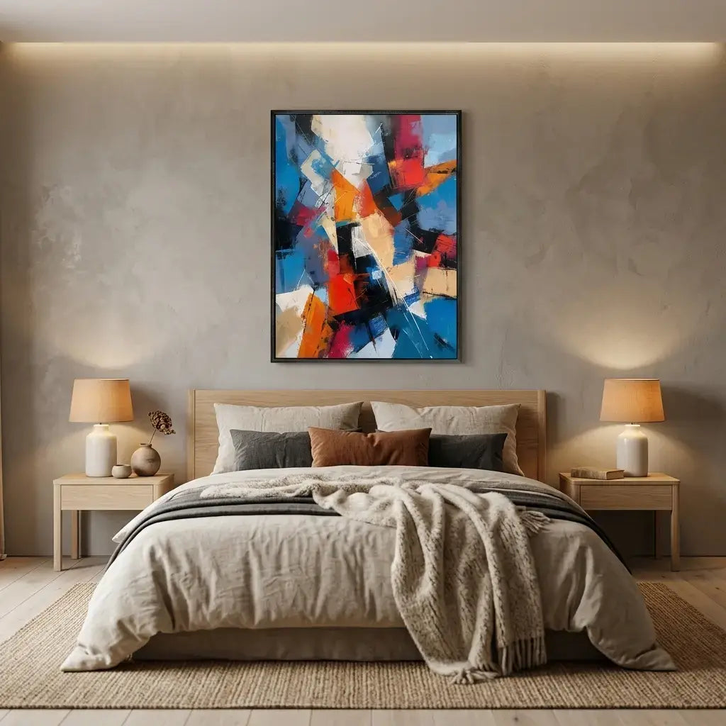 Modern bedroom with abstract art above the bed