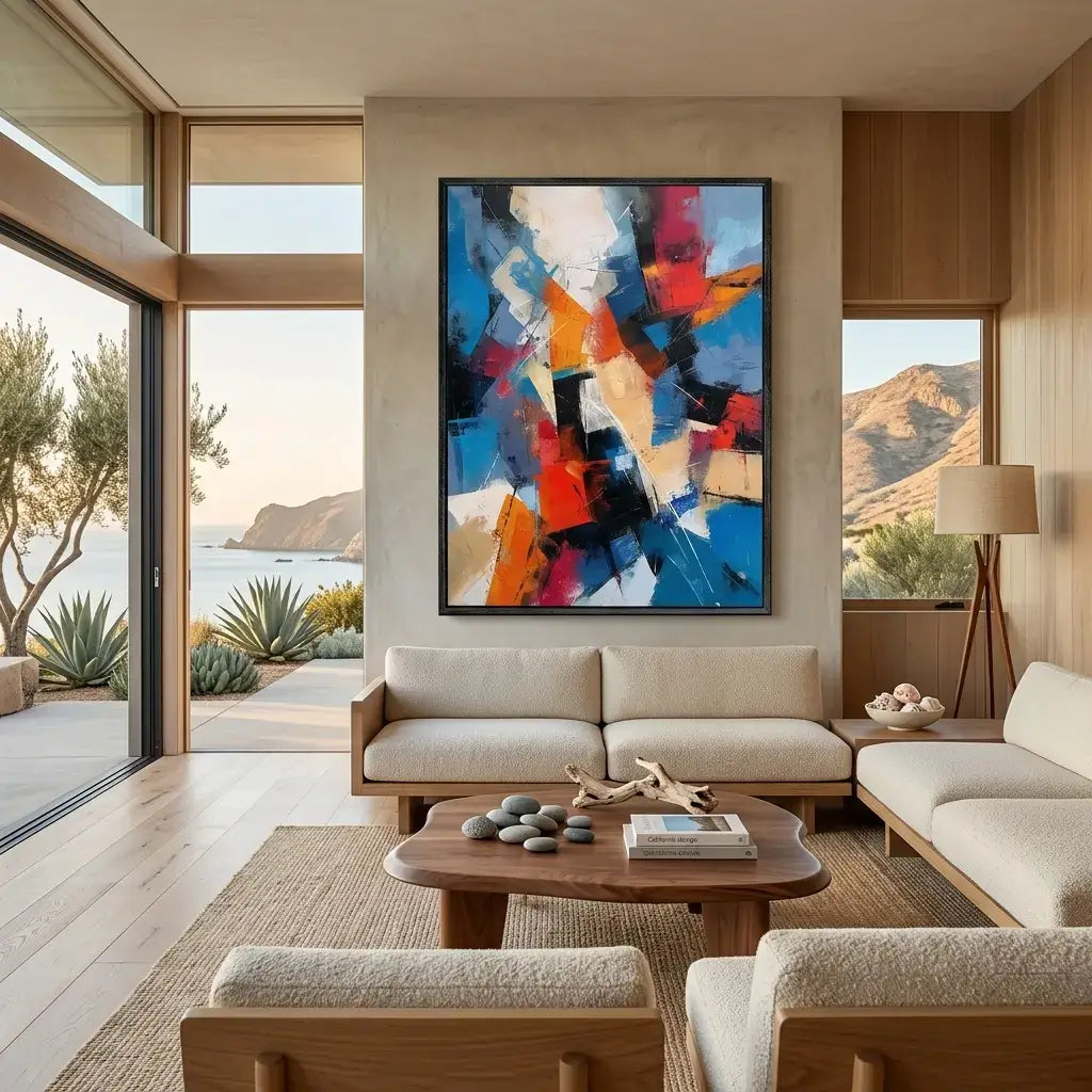 Modern living room with abstract art, sofa, and coffee table.