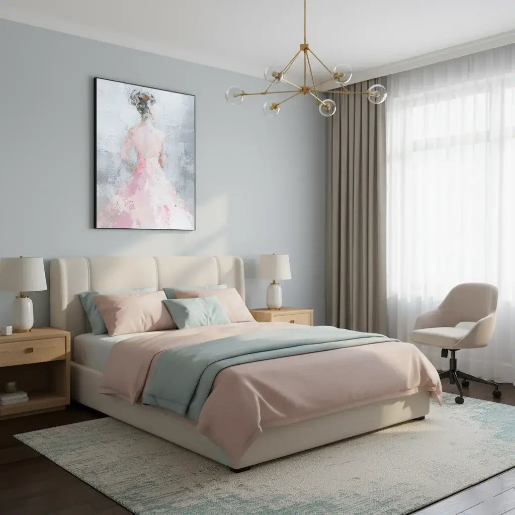 Modern bedroom with a bed, lamps, and an Elegant Lady Abstract artwork on a light gray wall.