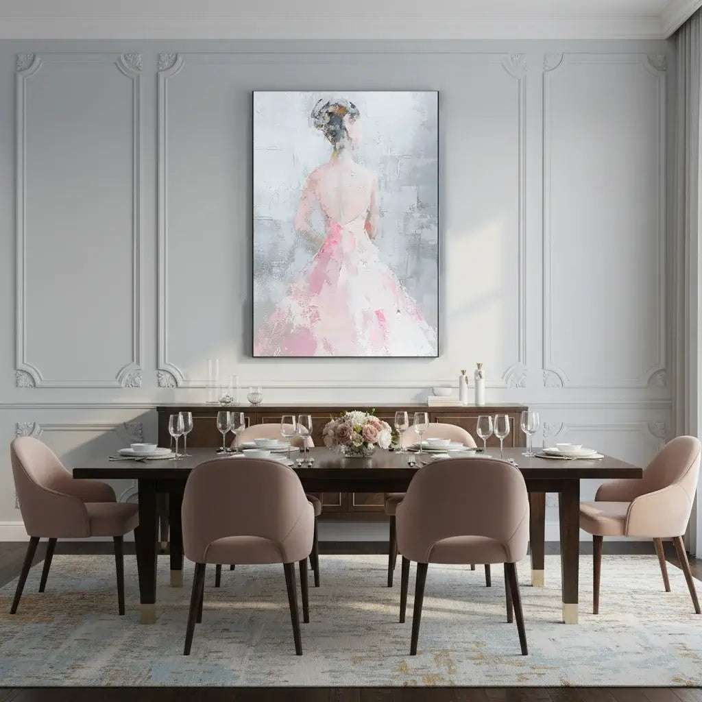 Dining room with a large painting of a woman in a pink dress on the wall above a wooden table with chairs.