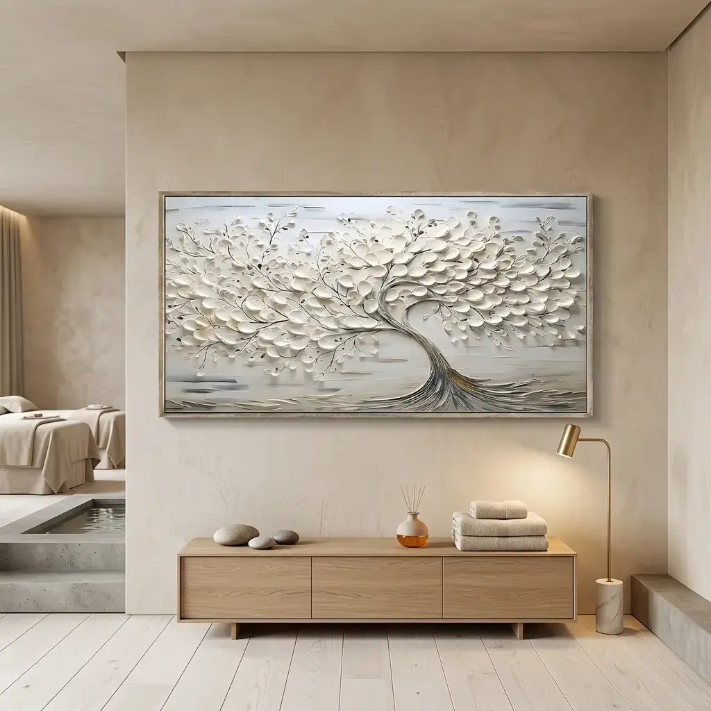 Modern interior with a large abstract wall art piece in a neutral-toned room.