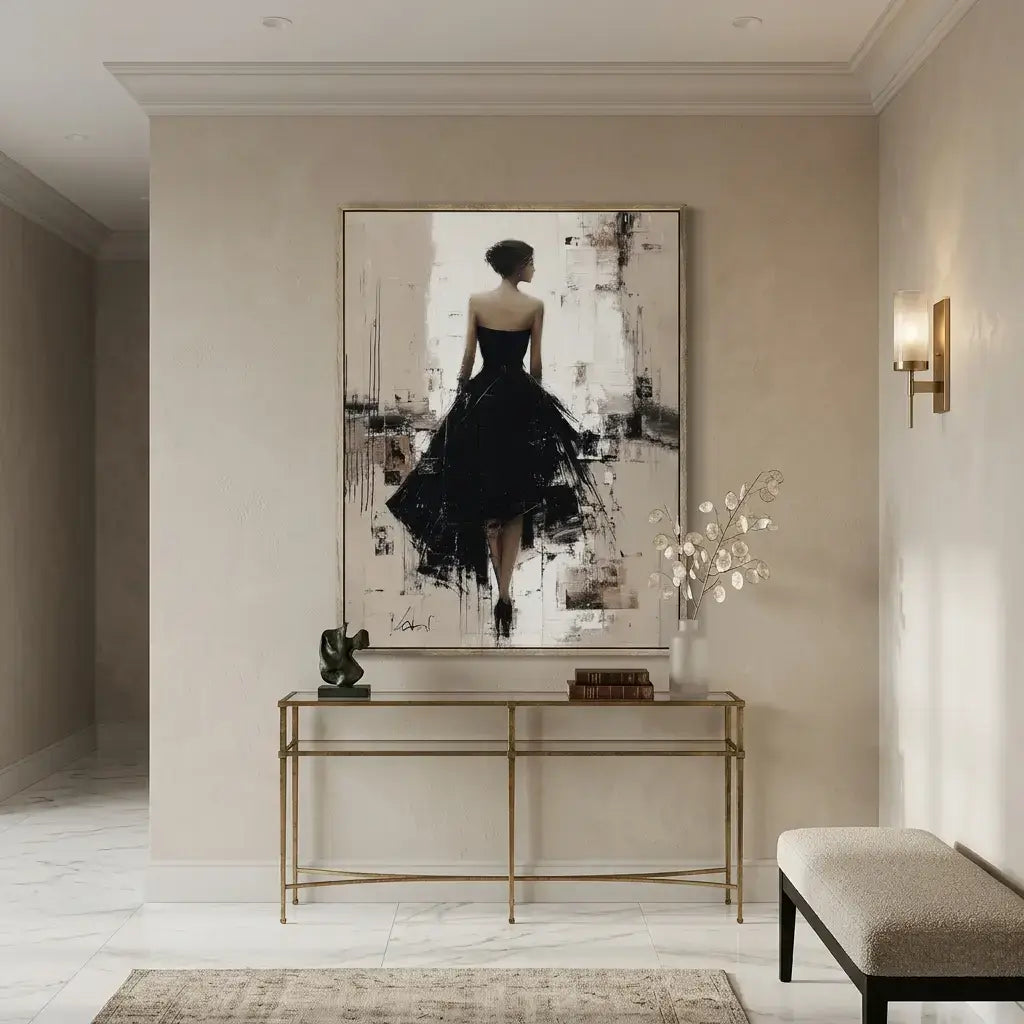 Modern bedroom with a large bed, wall art, and minimal decor.