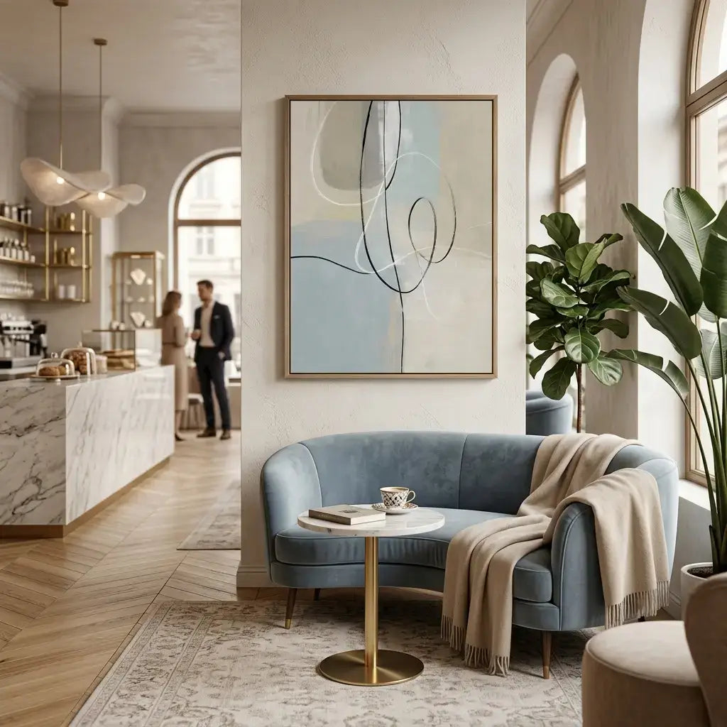 Modern living room with a blue sofa, abstract art, and a plant.