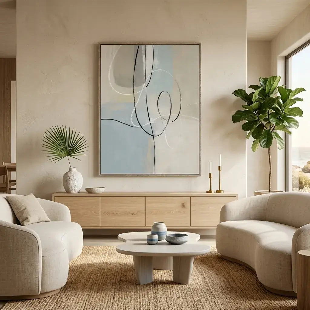 Modern living room with beige sofas, a abstract painting, and decorative items.