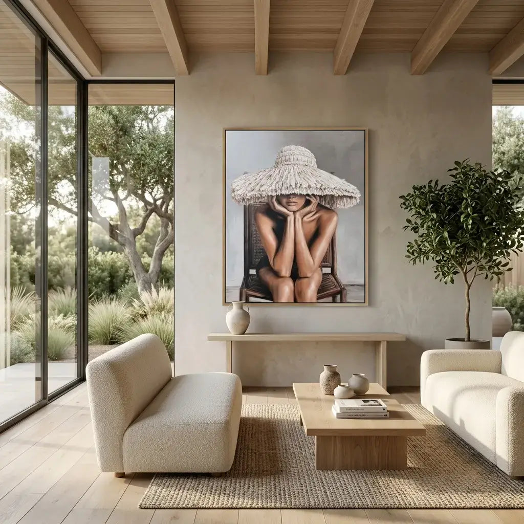 Modern living room with a large framed photograph on the wall, neutral decor, and natural light.