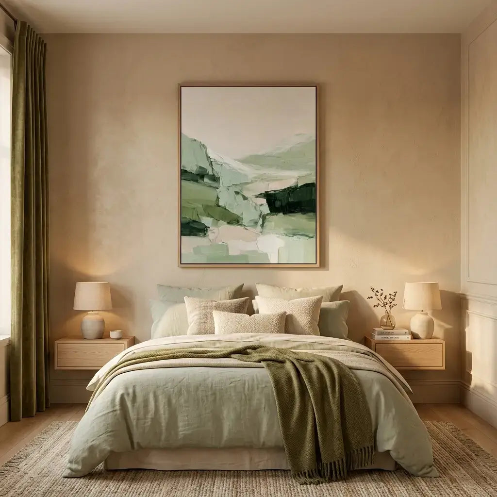Neatly made bed with green and beige bedding in a bedroom setting.