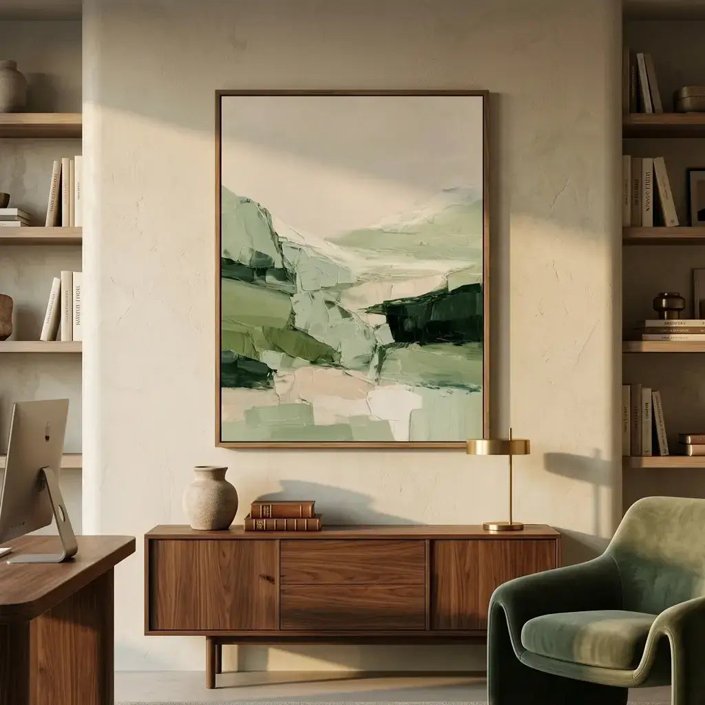 Modern interior with a painting on the wall, wooden cabinet, and armchair.