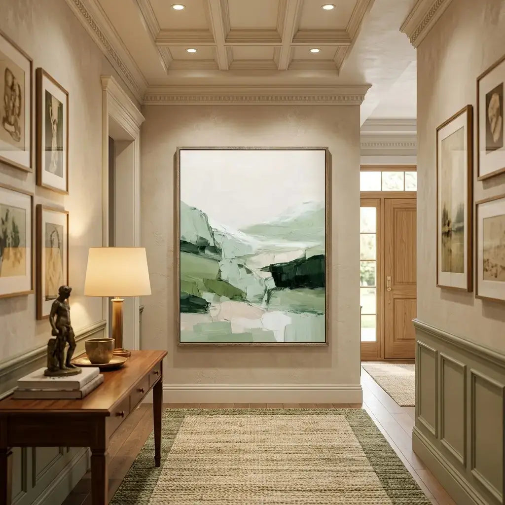 Elegant hallway with framed artwork, a lamp, and decorative items.