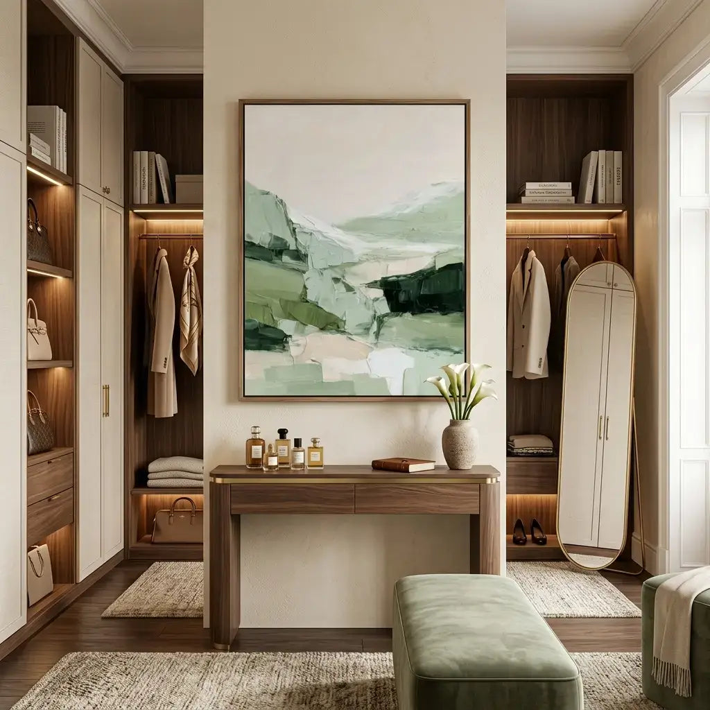 Modern walk-in closet with wooden shelves, a desk, and abstract art on the wall.