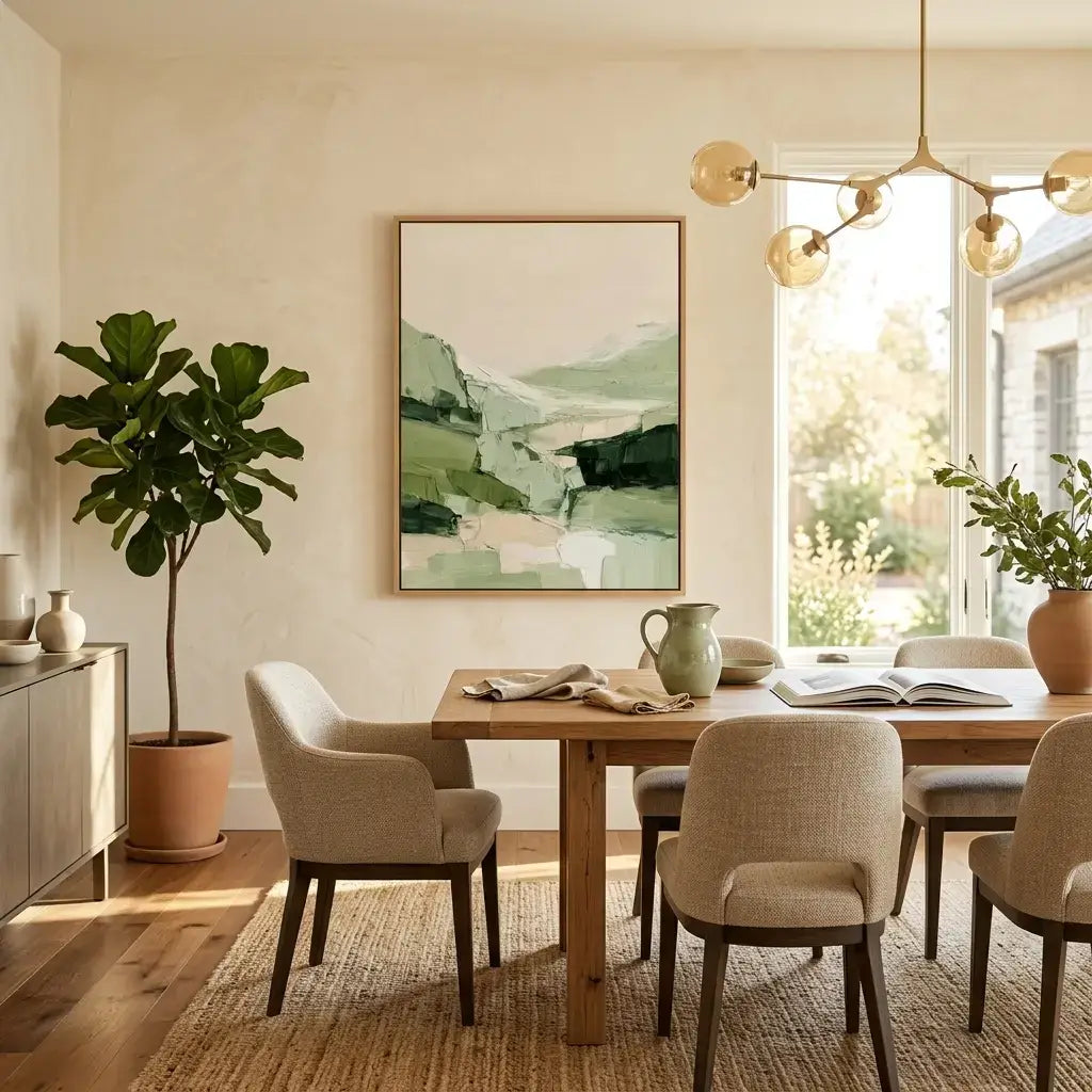 Dining room with wooden table, chairs, and a large abstract painting on the wall.