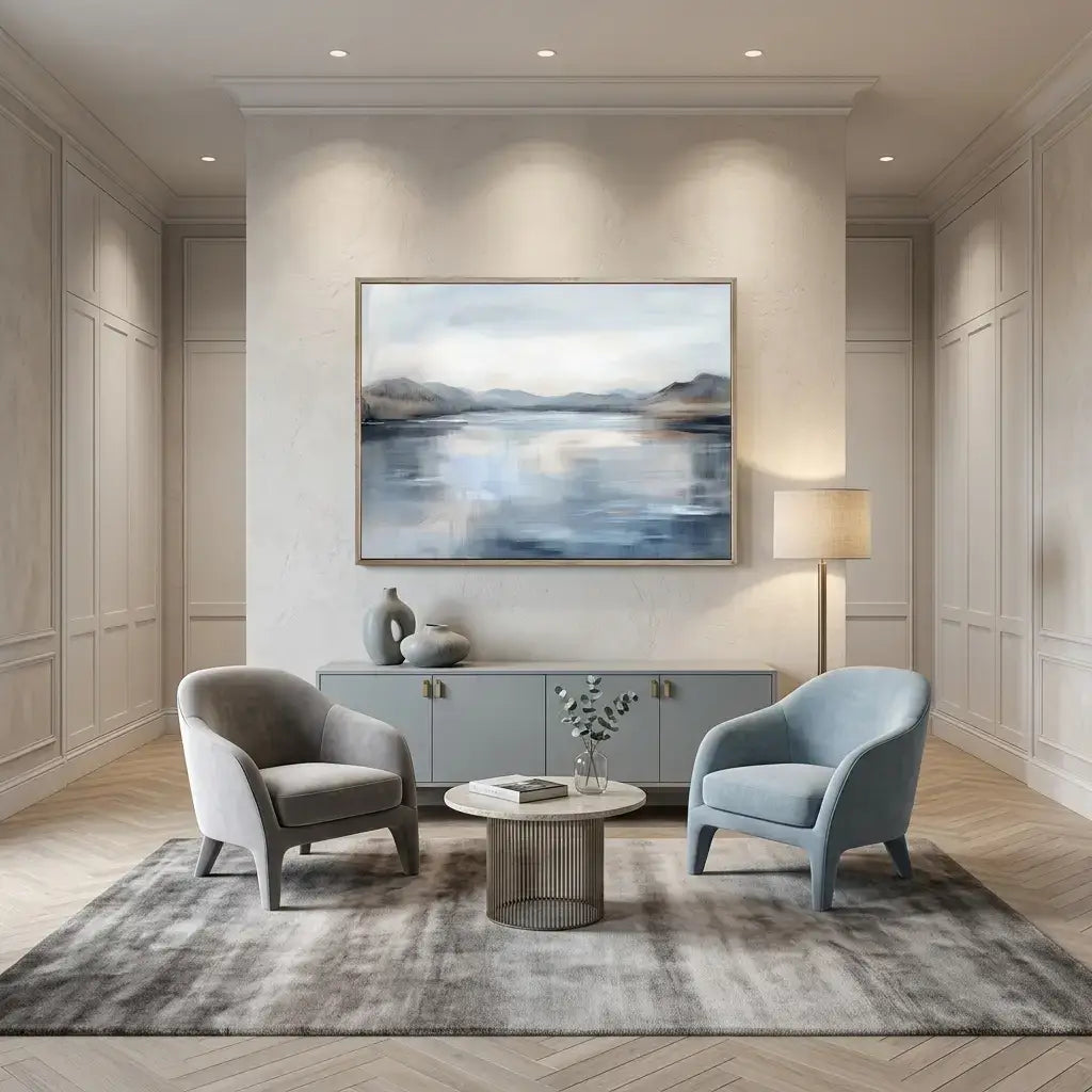 Modern living room with two armchairs, a coffee table, and a wall painting.