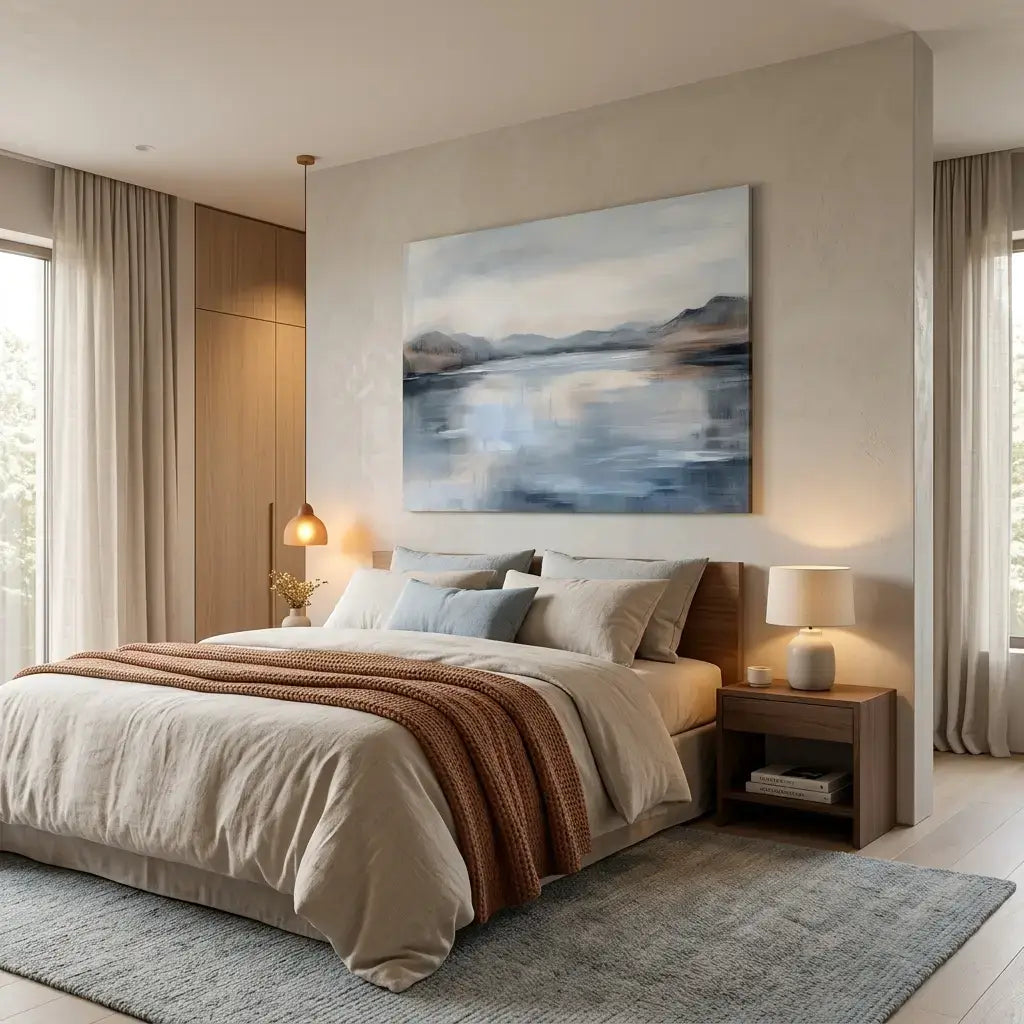 Modern bedroom with a large bed, abstract painting, and side tables.