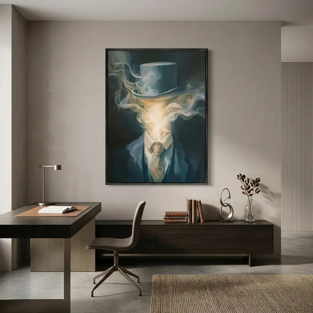 Modern office interior with a large painting of a man in a top hat on the wall.