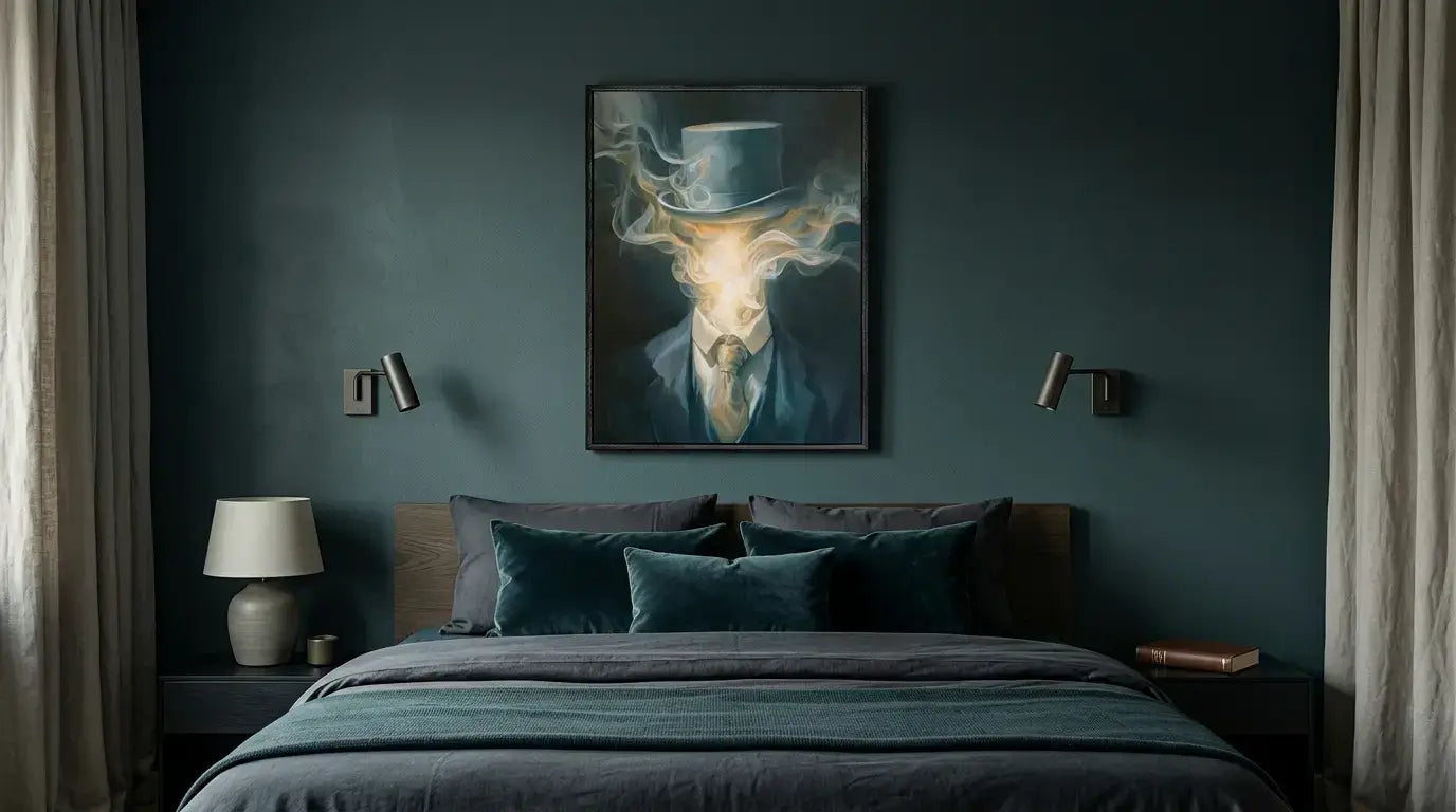 Dark-themed bedroom with a bed, lamp, and wall art.