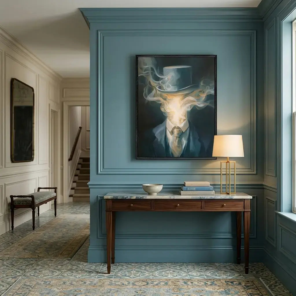 Decorative interior with a painting of a deer wearing a hat on a blue wall.