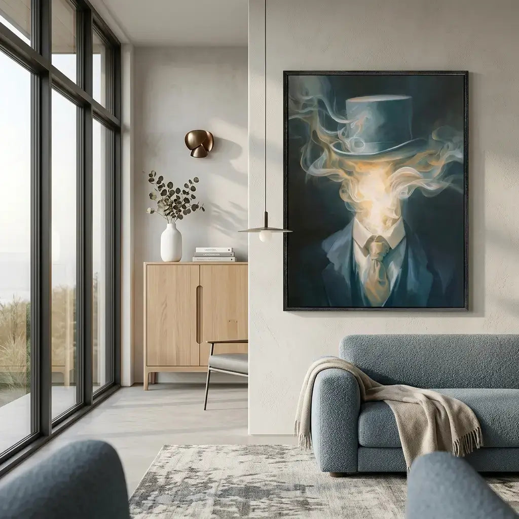 Modern living room with a large painting of a man in a top hat on the wall.