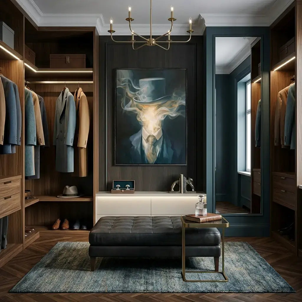 Modern walk-in closet with wooden shelves, coat rack, and artwork on the wall.