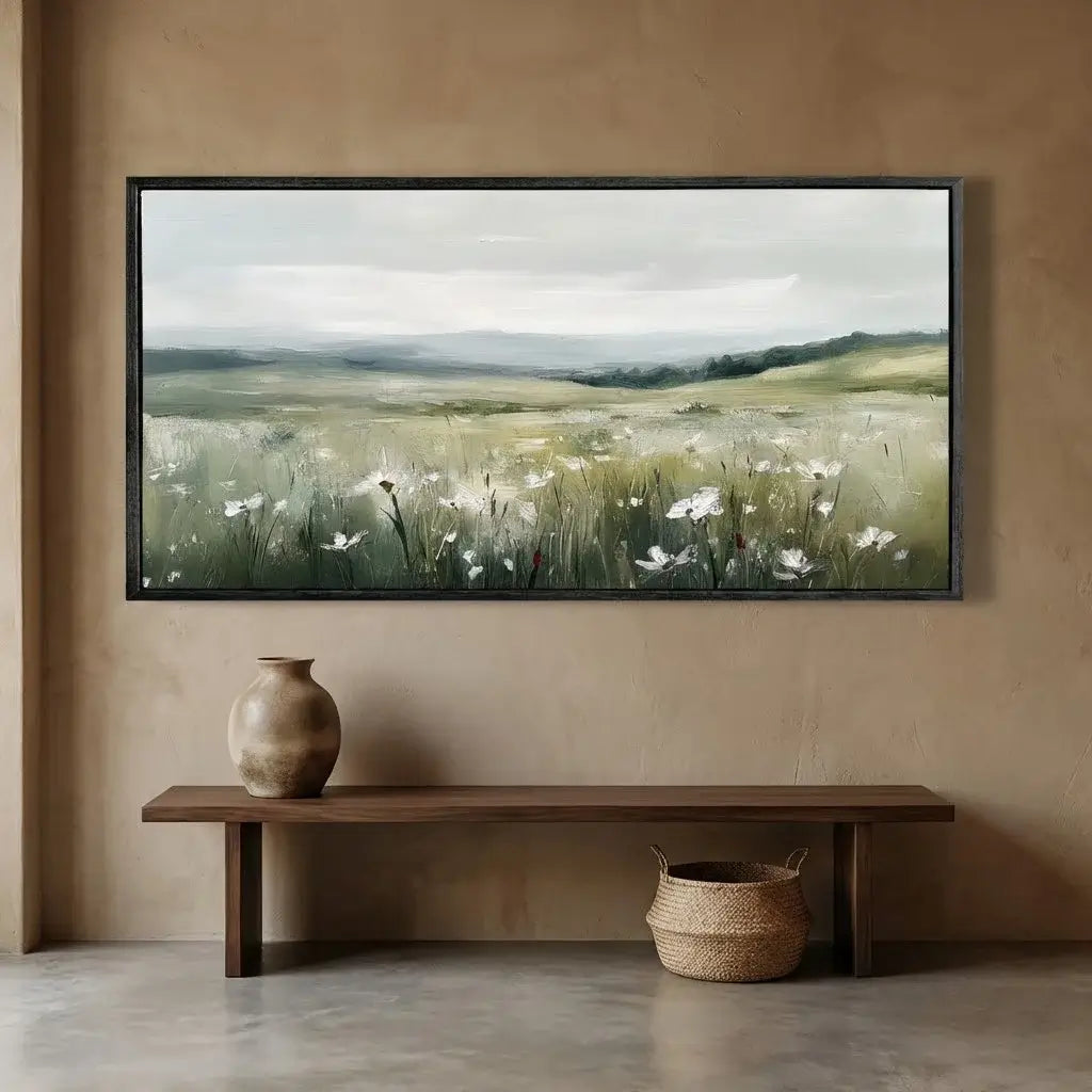 Framed landscape painting of a field with flowers on a wall above a wooden bench and decorative items.