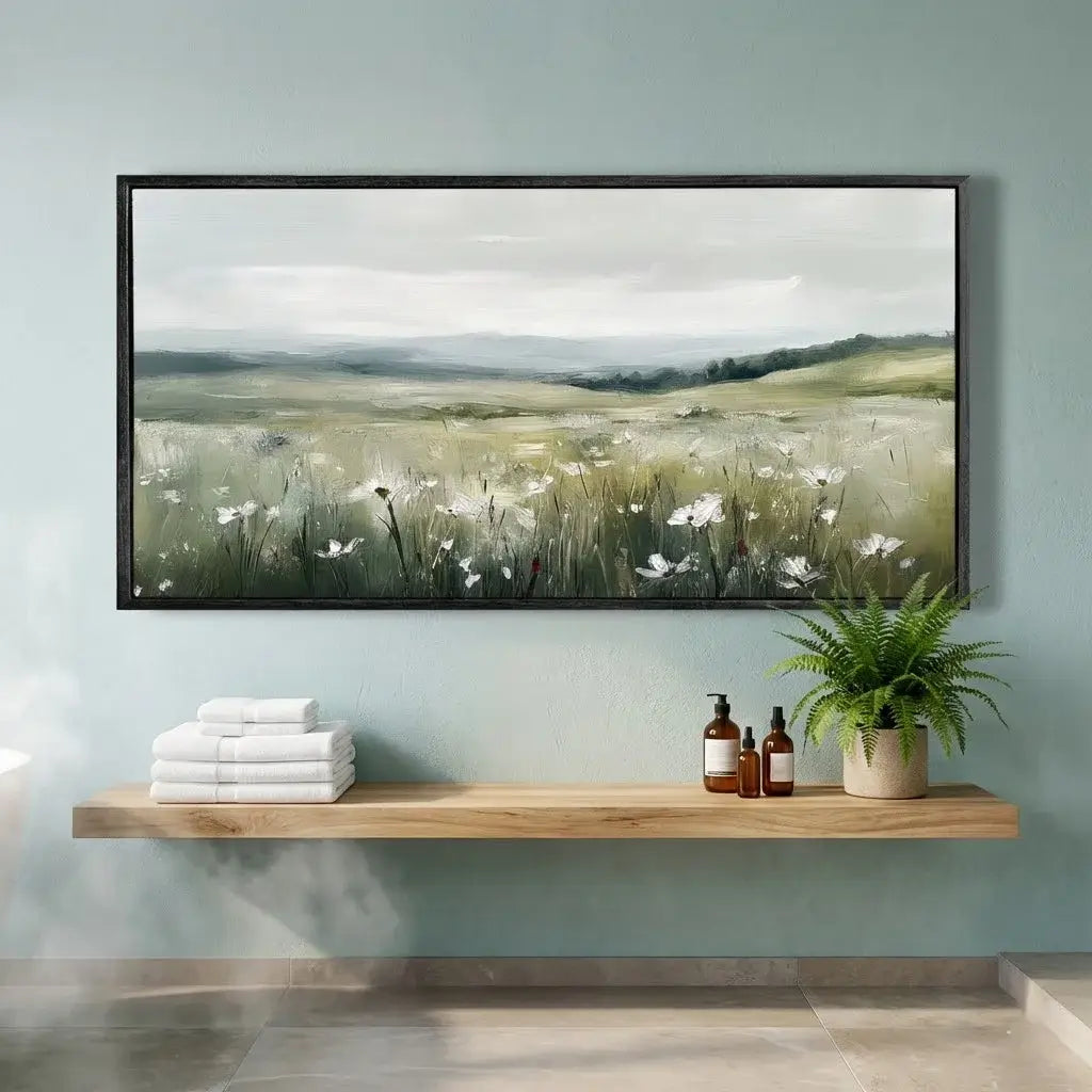 Framed landscape painting on a wall above a wooden shelf with towels, bottles, and a plant.