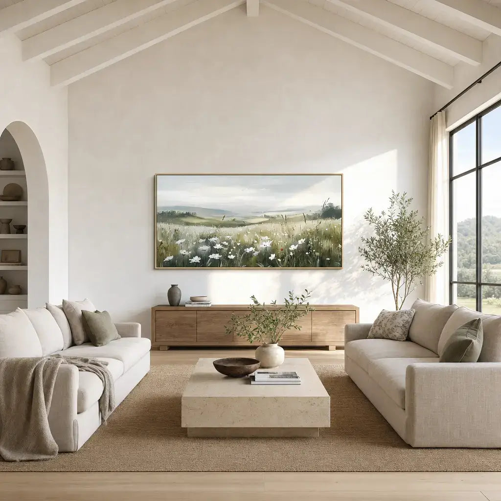 White Blossom Meadow Landscape Painting