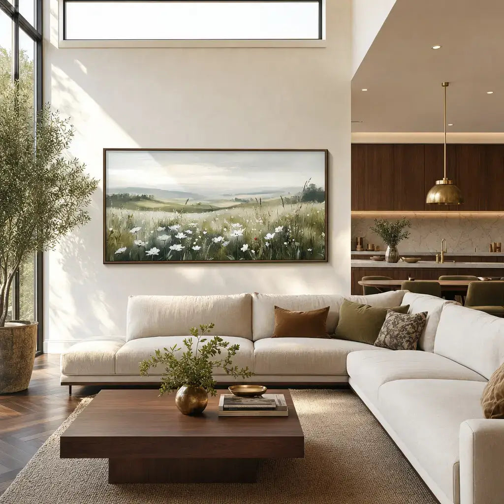 White Blossom Meadow Landscape Painting