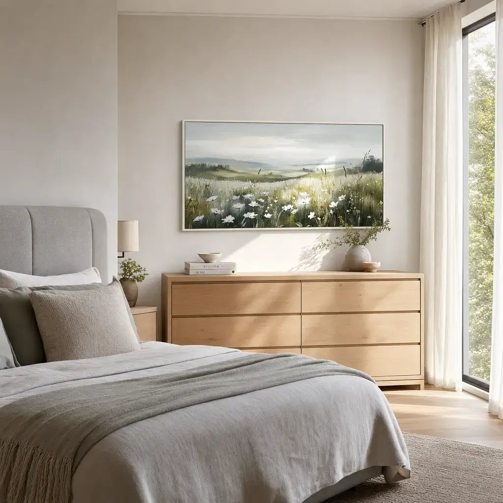 White Blossom Meadow Landscape Painting