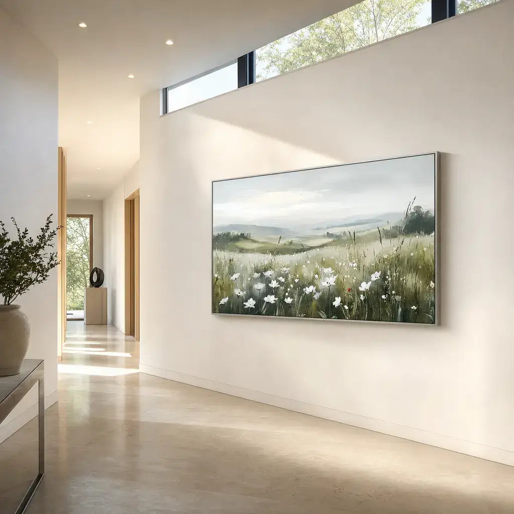 White Blossom Meadow Landscape Painting