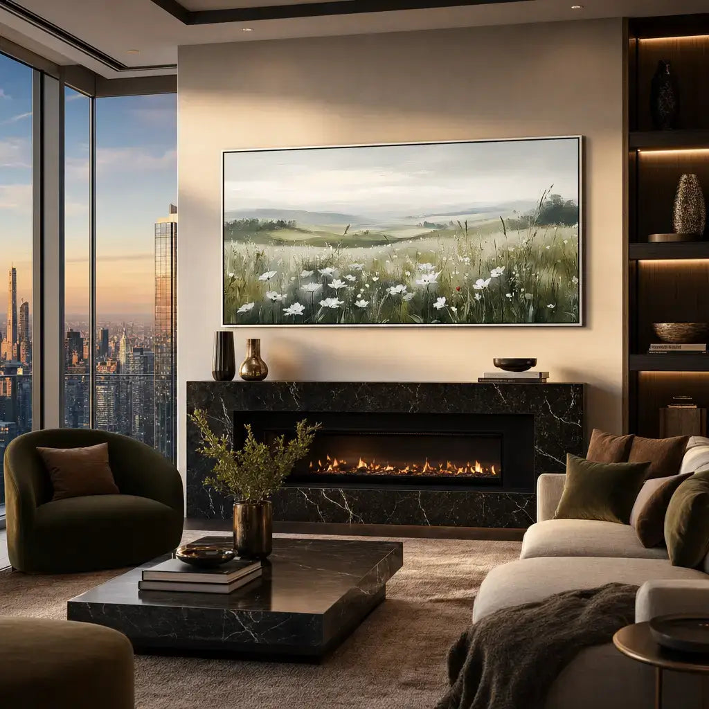 White Blossom Meadow Landscape Painting