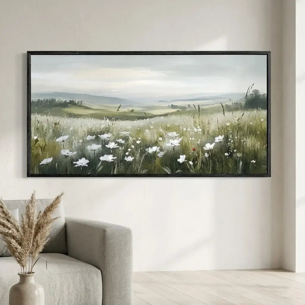 Framed artwork of a landscape with fields and flowers on a wall above a sofa.