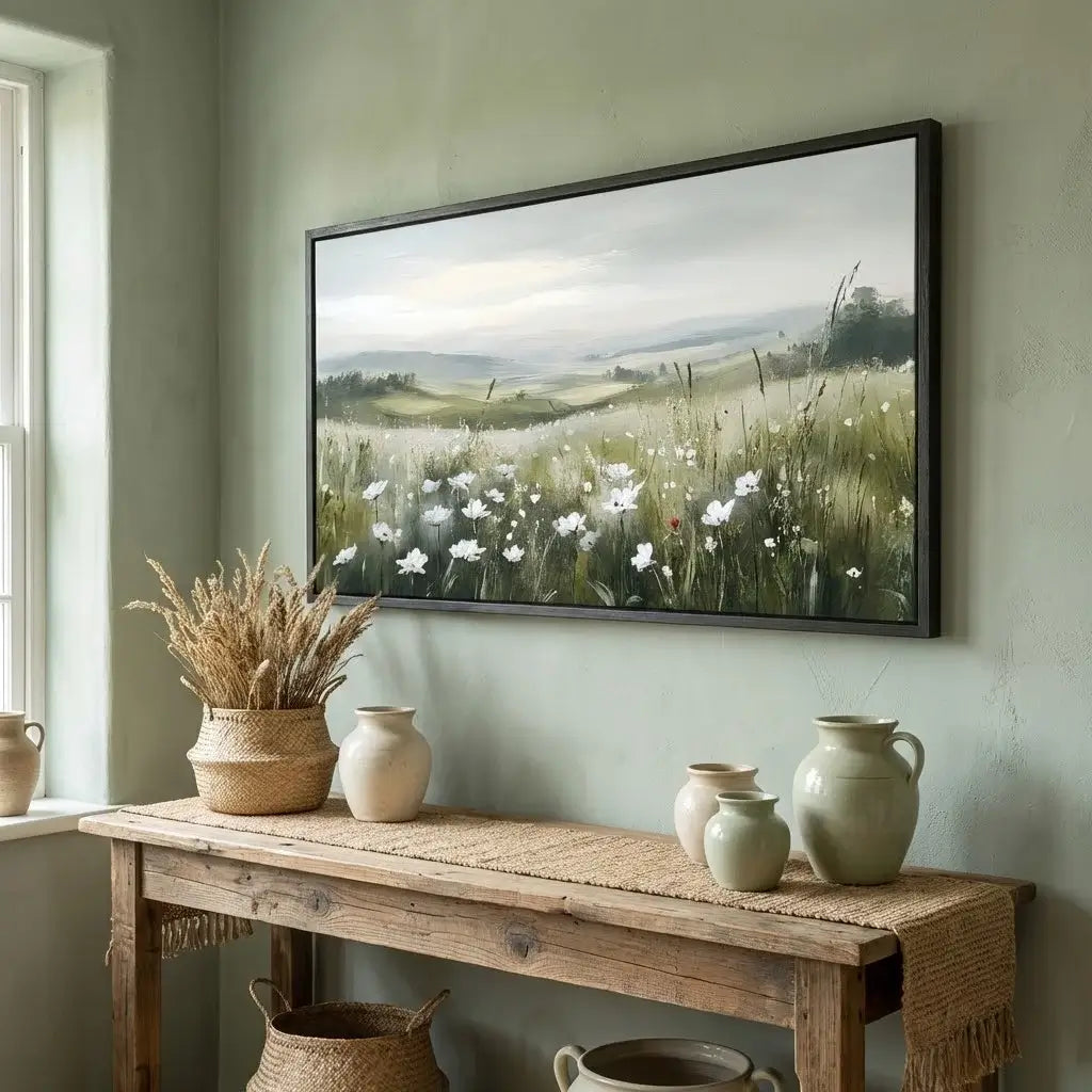 Nostalgic interior with a wooden console table, decorative vases, and a framed landscape painting.