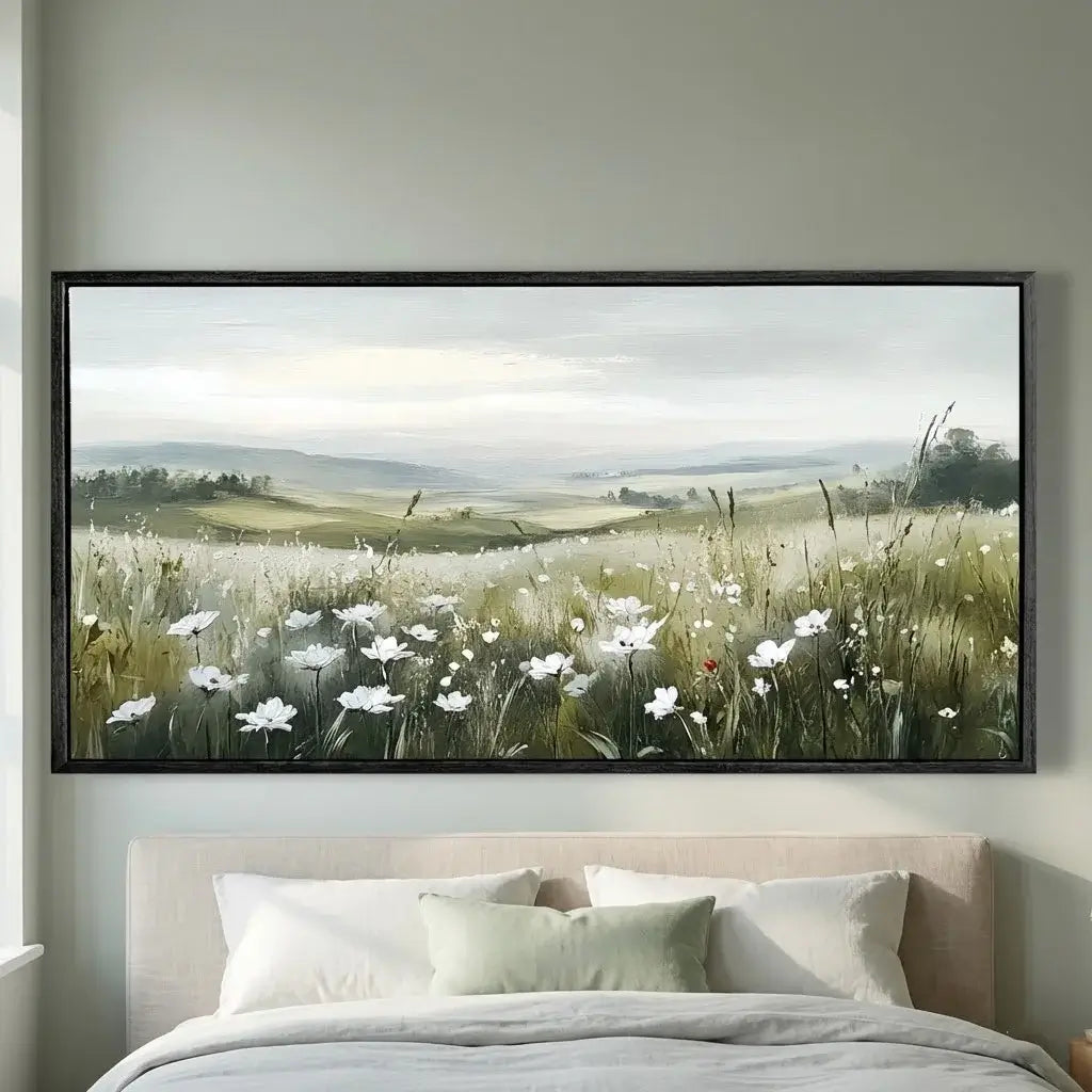 Framed artwork of a landscape with flowers on a wall above a bed.