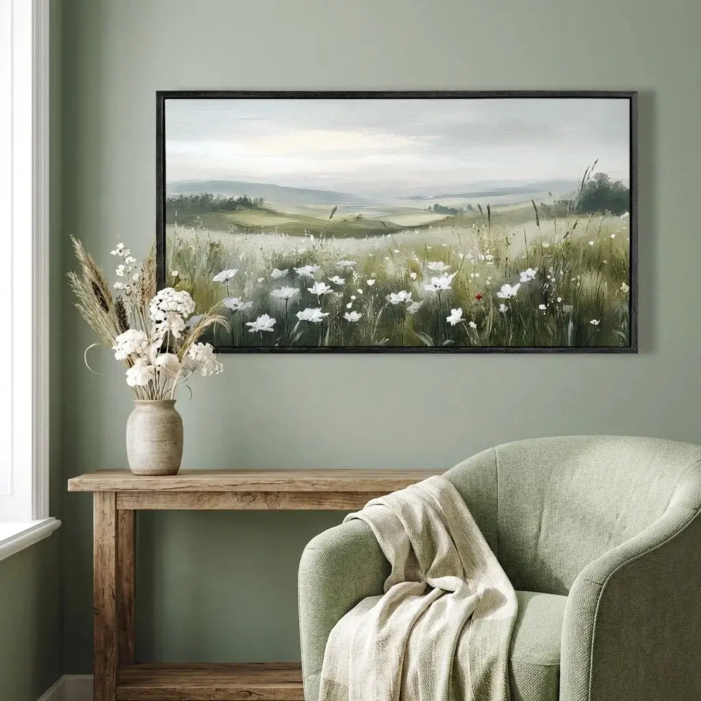 Framed landscape painting on a wall above a wooden table with a vase of flowers and a green armchair.
