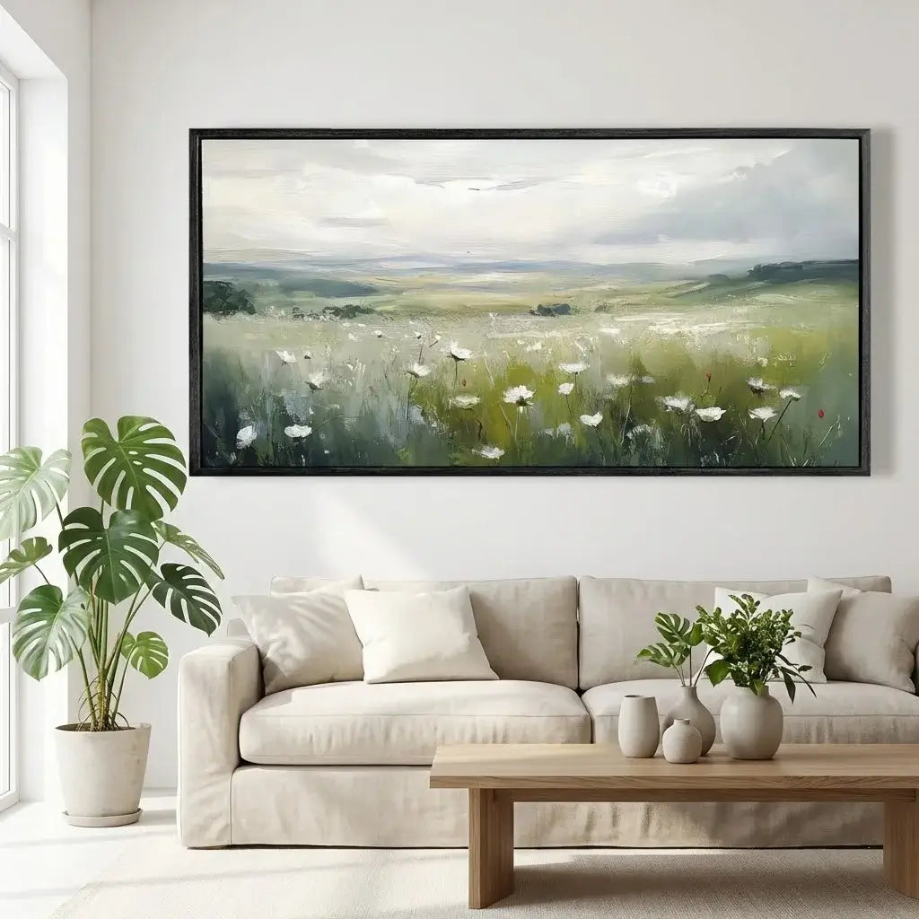 Living room with a large framed landscape painting of a field, beige sofa, and decorative items.
