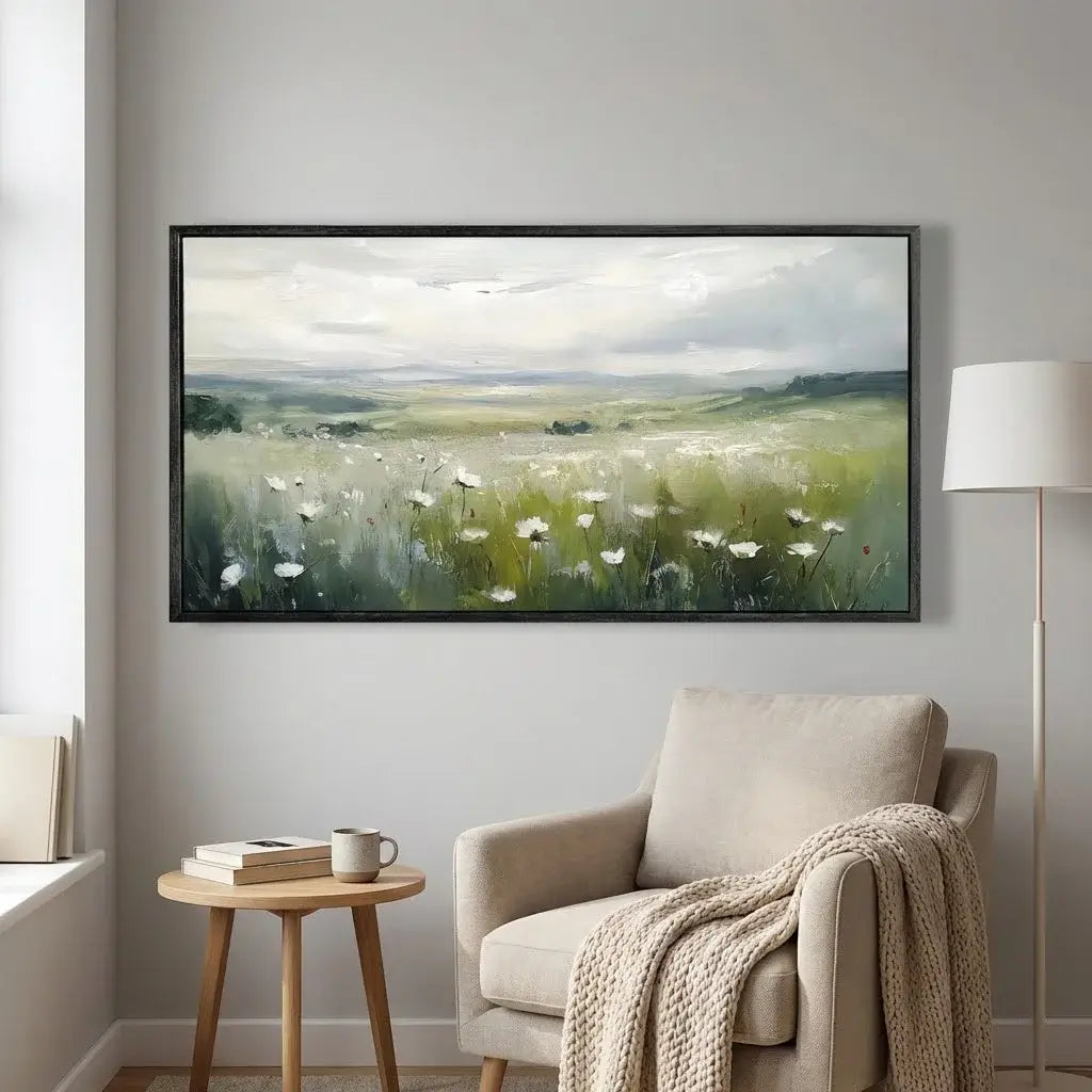 Framed landscape painting of a field with flowers above a beige armchair in a room.