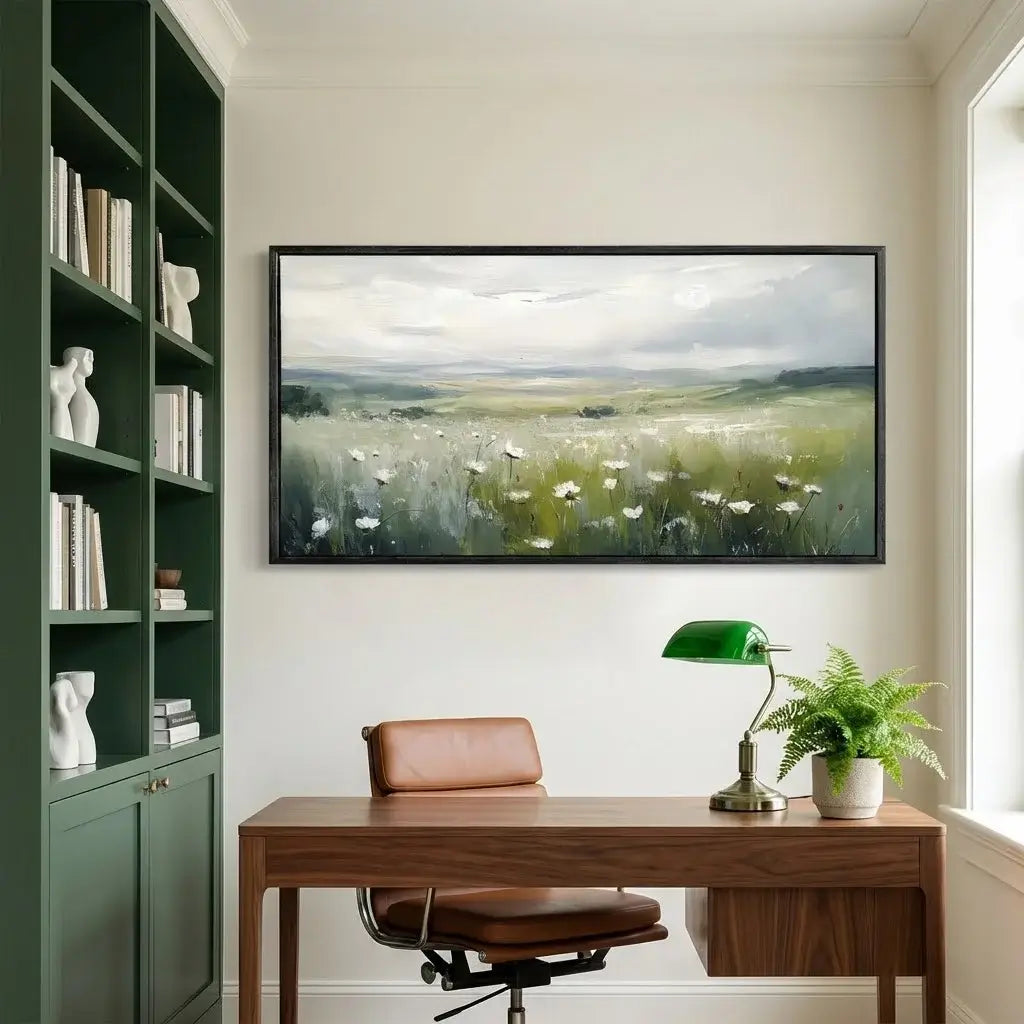 Modern home office with a desk, chair, lamp, and framed landscape painting on the wall.