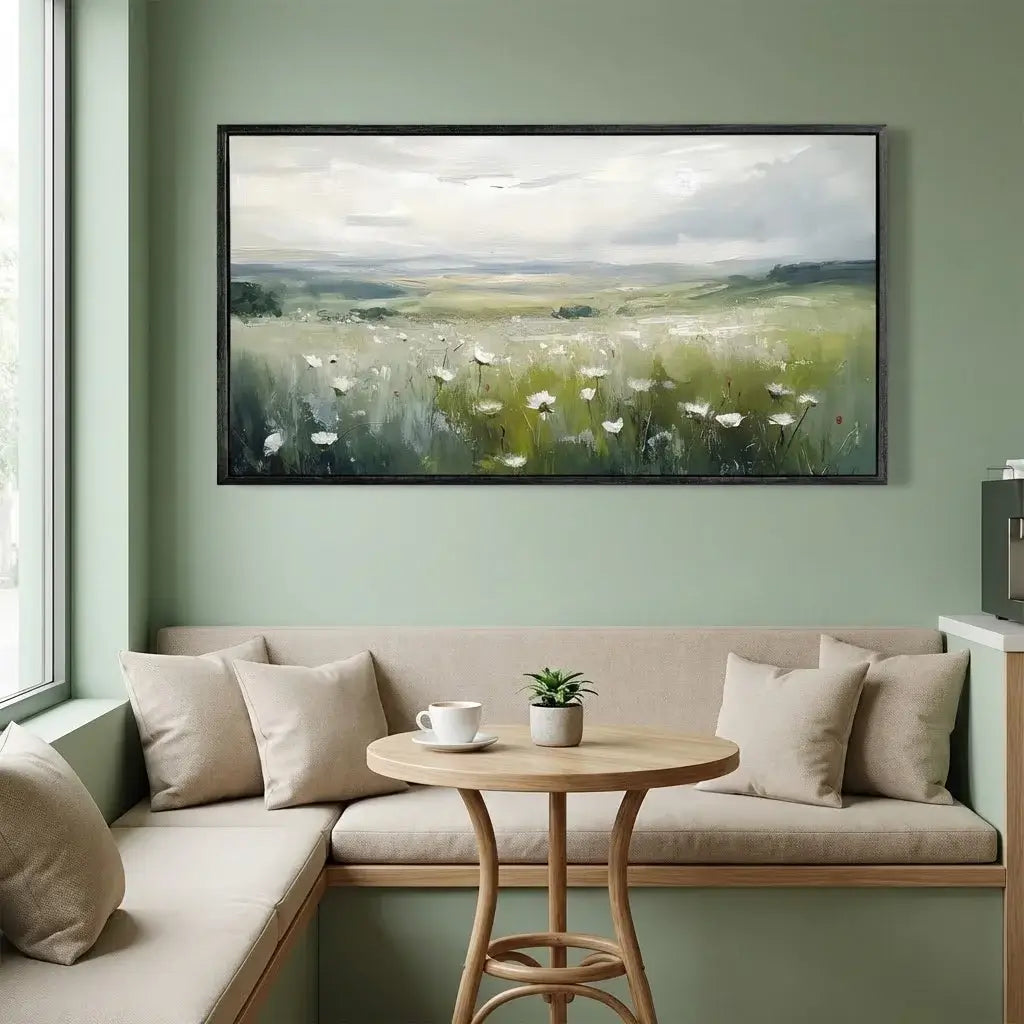 Living room with a sectional sofa, small table, and a large framed landscape painting on the wall.