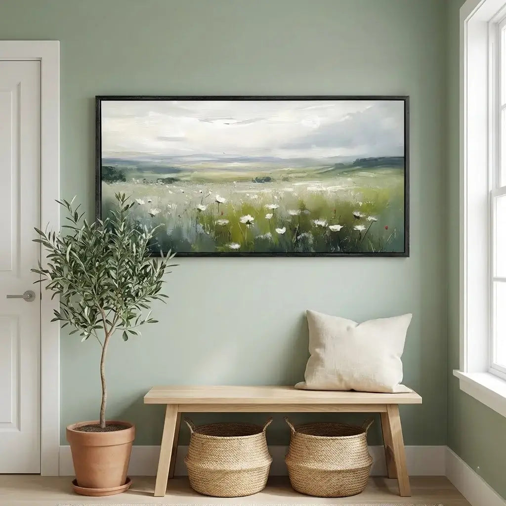 Room interior with a painting of a landscape, a plant, a bench with baskets and a pillow.