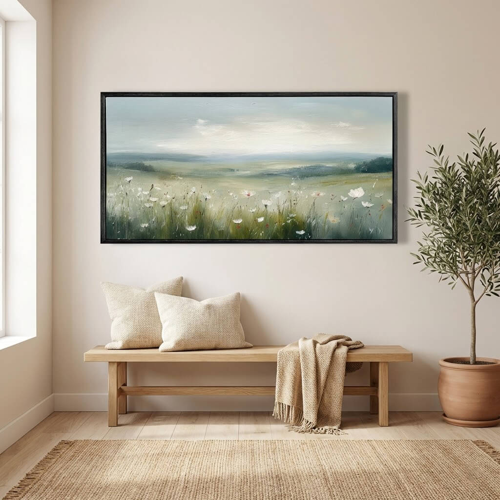 Framed landscape painting above a wooden bench in a room with a plant and rug.