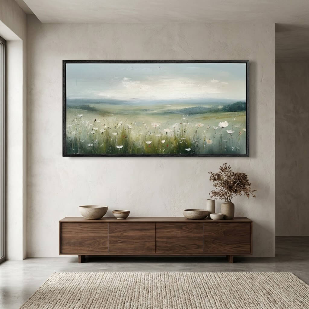 Framed landscape painting above a wooden console table in a living room.