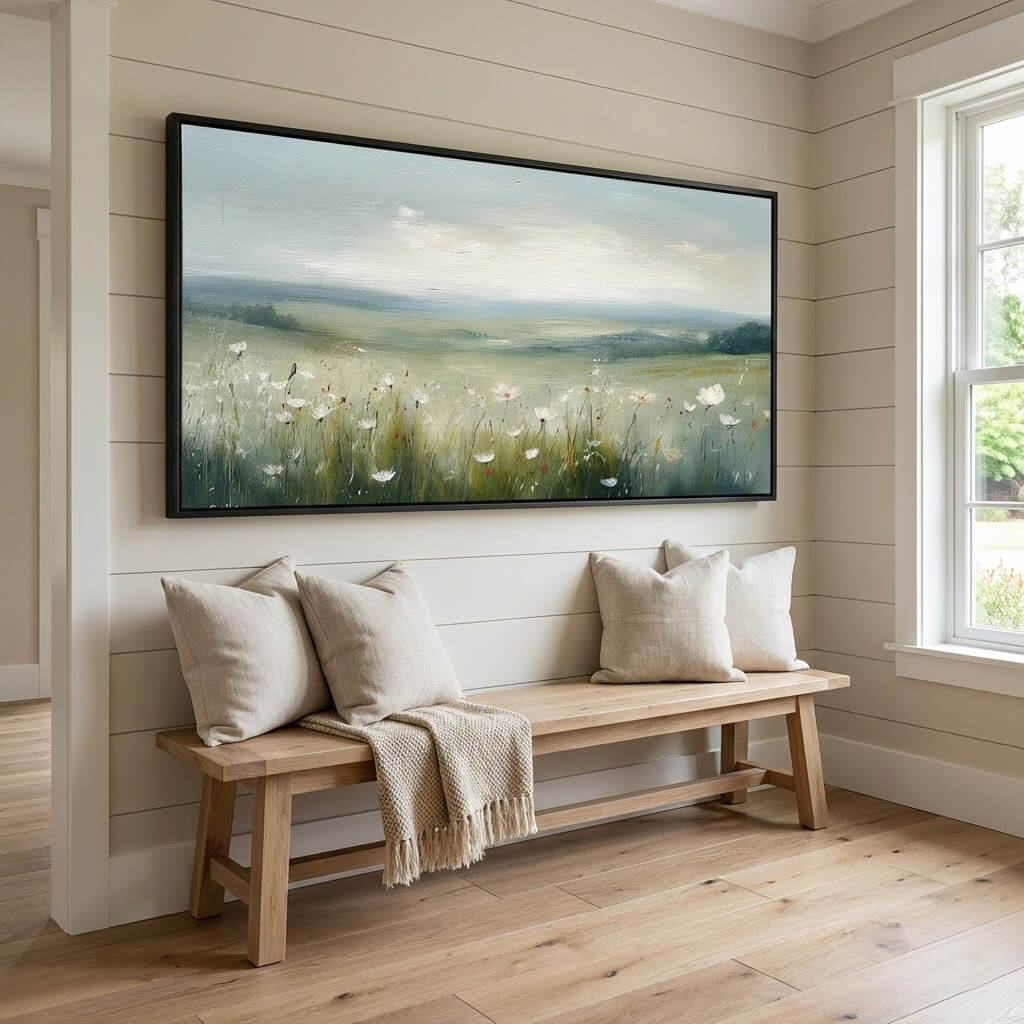 Wooden bench with pillows and a blanket in front of a wall-mounted painting of a field.