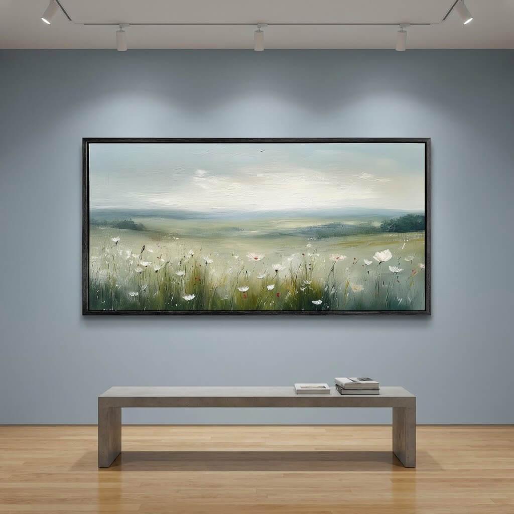 Large painting of a landscape with flowers on a wall in an art gallery.