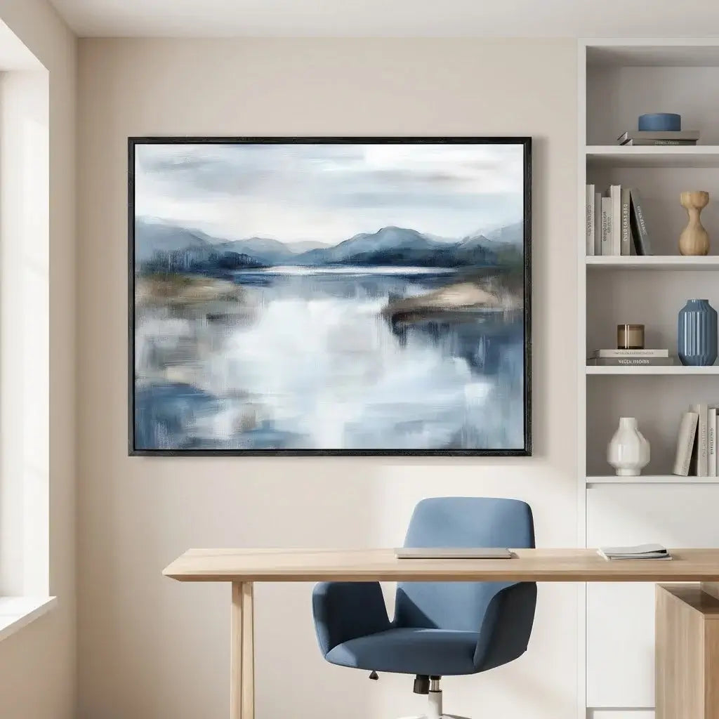 Modern office setup with a framed landscape painting on the wall, a desk, and a chair.