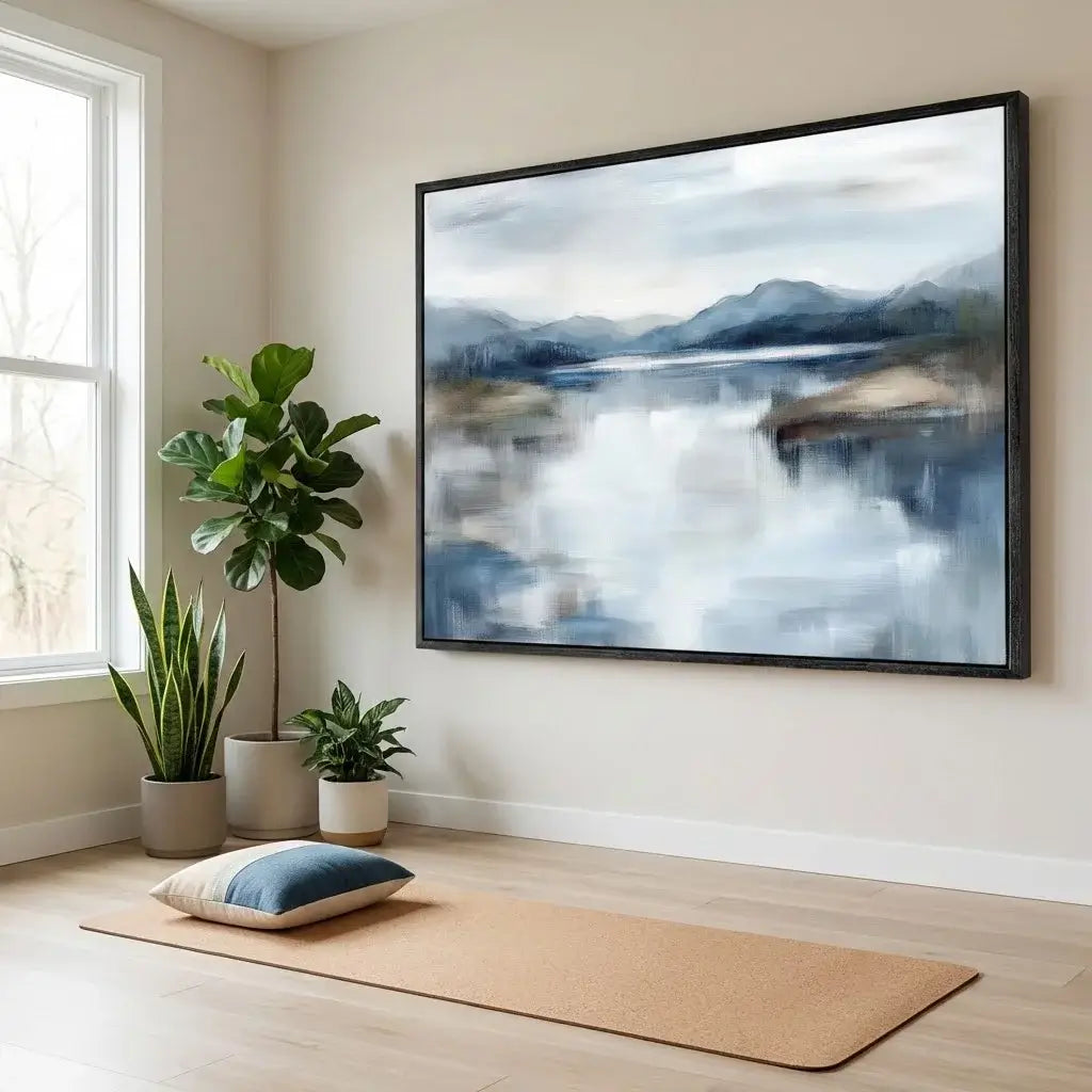 Yoga mat with pillow and plants in a room with a large framed landscape painting on the wall.