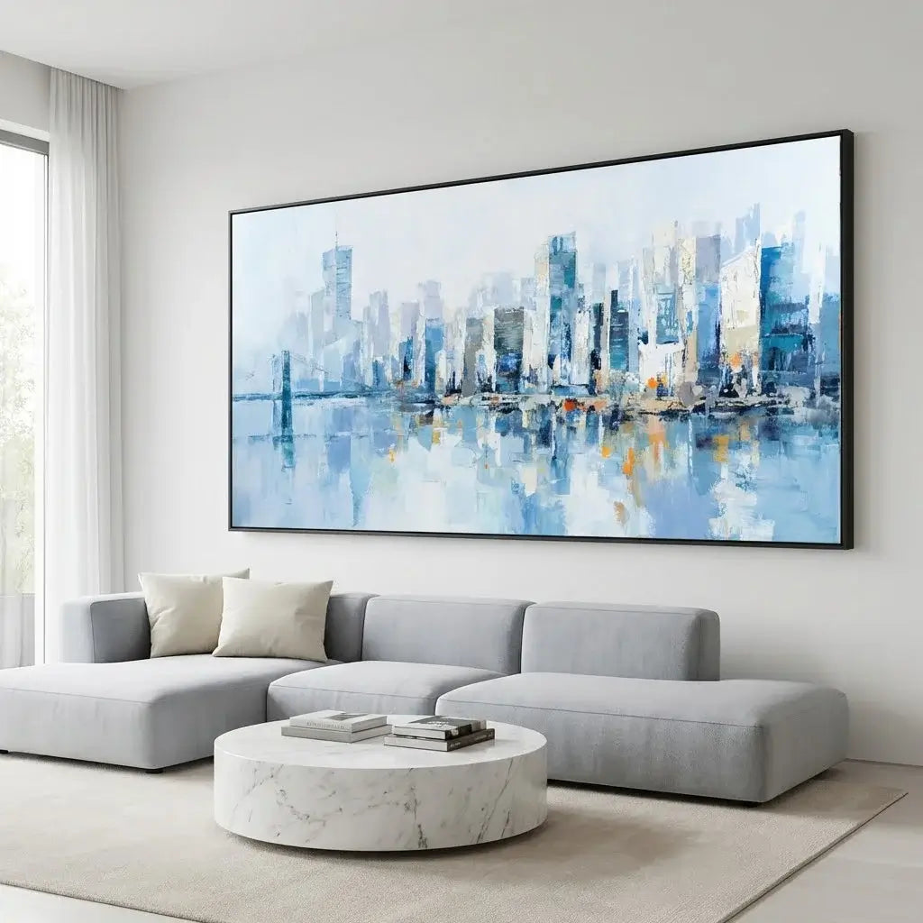 Modern living room with a large abstract cityscape painting on the wall.