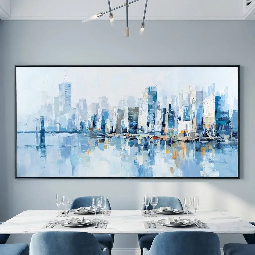 Dining room with a large abstract cityscape painting on the wall.