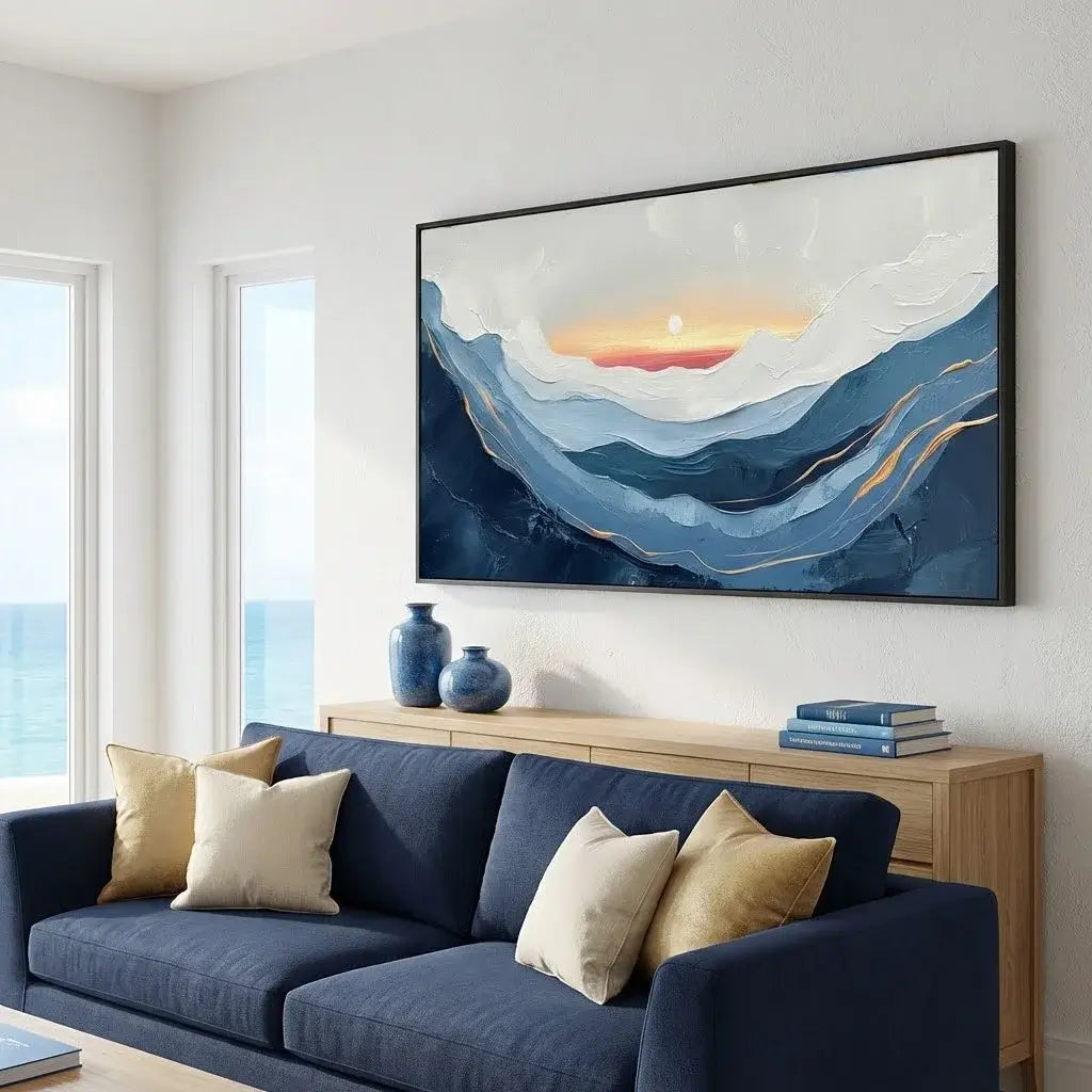 Living room with a blue sofa, decorative pillows, and a large abstract painting on the wall.