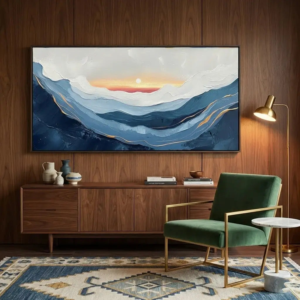 Modern living room with a large abstract painting, green chair, wooden cabinet, and floor lamp.