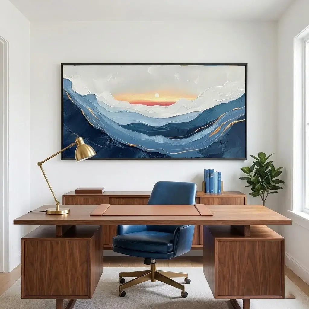 Modern office setup with wooden desk, blue chair, and abstract wall art.