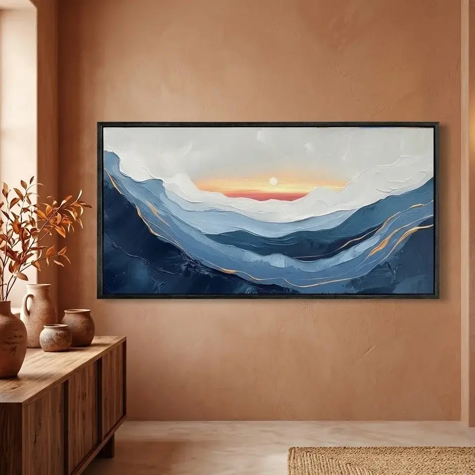 Abstract wall art in a room with wooden bench and decor