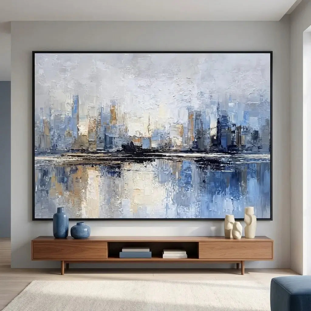 Abstract cityscape painting on a wall above a wooden console table with decorative items.